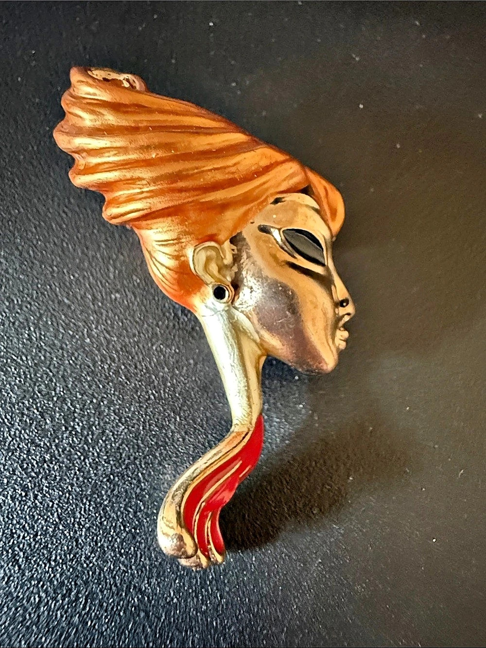 Figural Profile Brooch in Orange & Gold